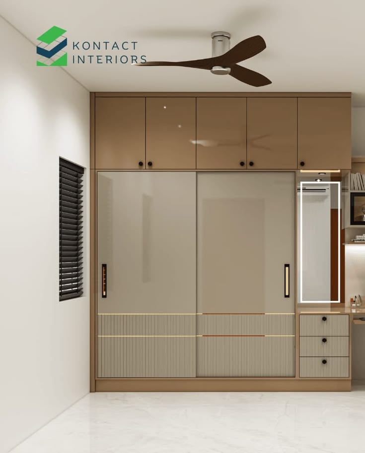 Modern bedroom sliding wardrobe with overhead lofts and attached dressing unit