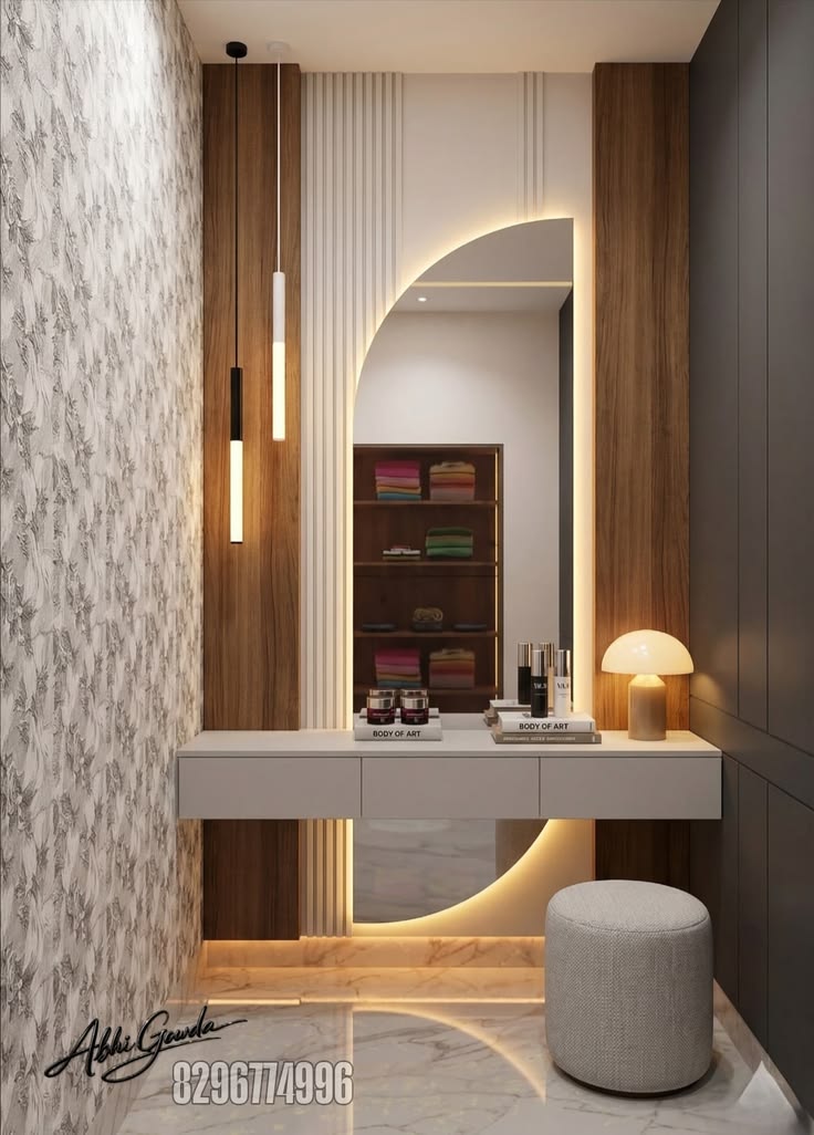 Arched illuminated vanity dressing table unit with flute paneling and floating drawers