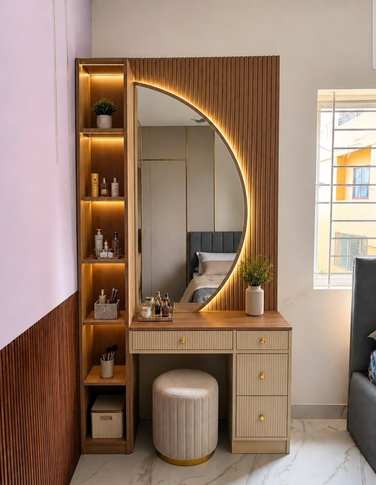 Luxury wooden dressing table with semi-circle backlit mirror and fluted paneling
