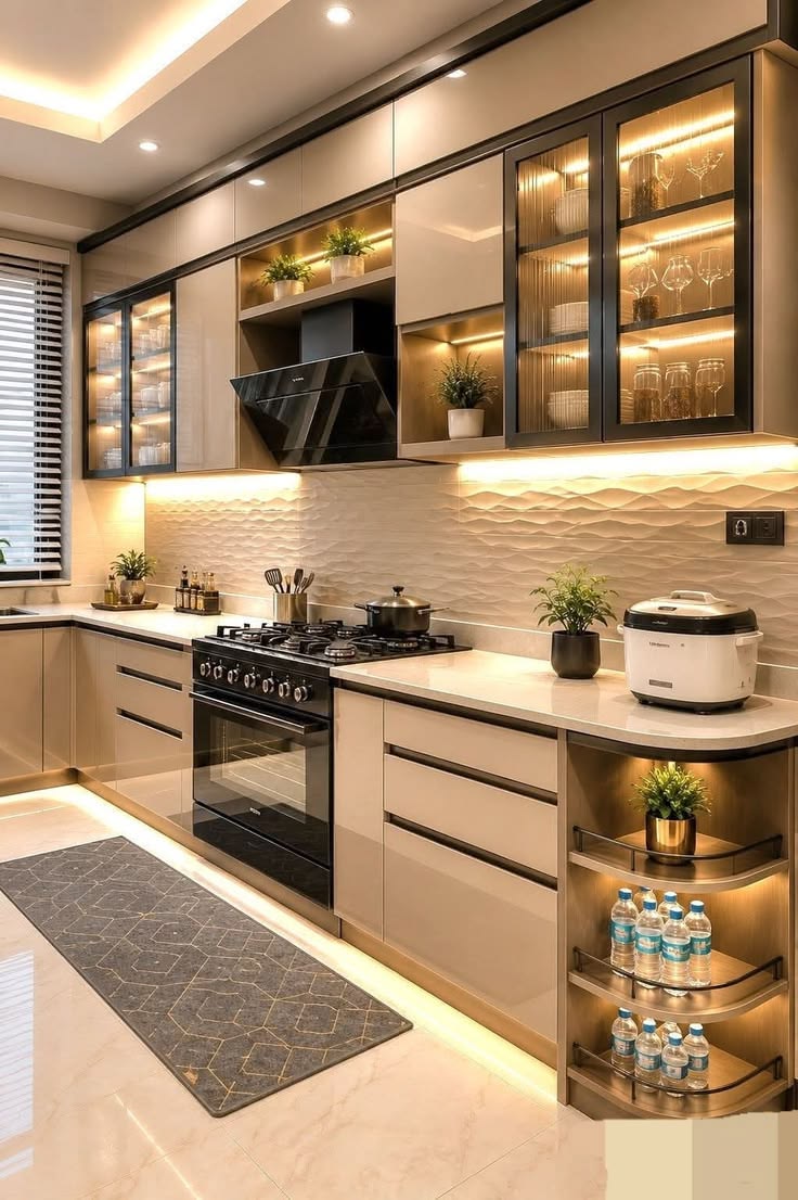 Luxury modular kitchen with curved corner shelving and ambient warm lighting