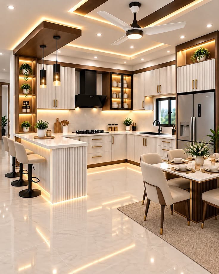 Open concept modular kitchen with breakfast bar counter and dining table