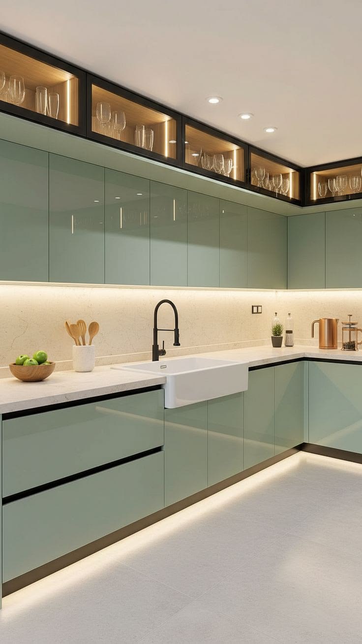 Contemporary sage green modular kitchen with illuminated glass loft cabinets