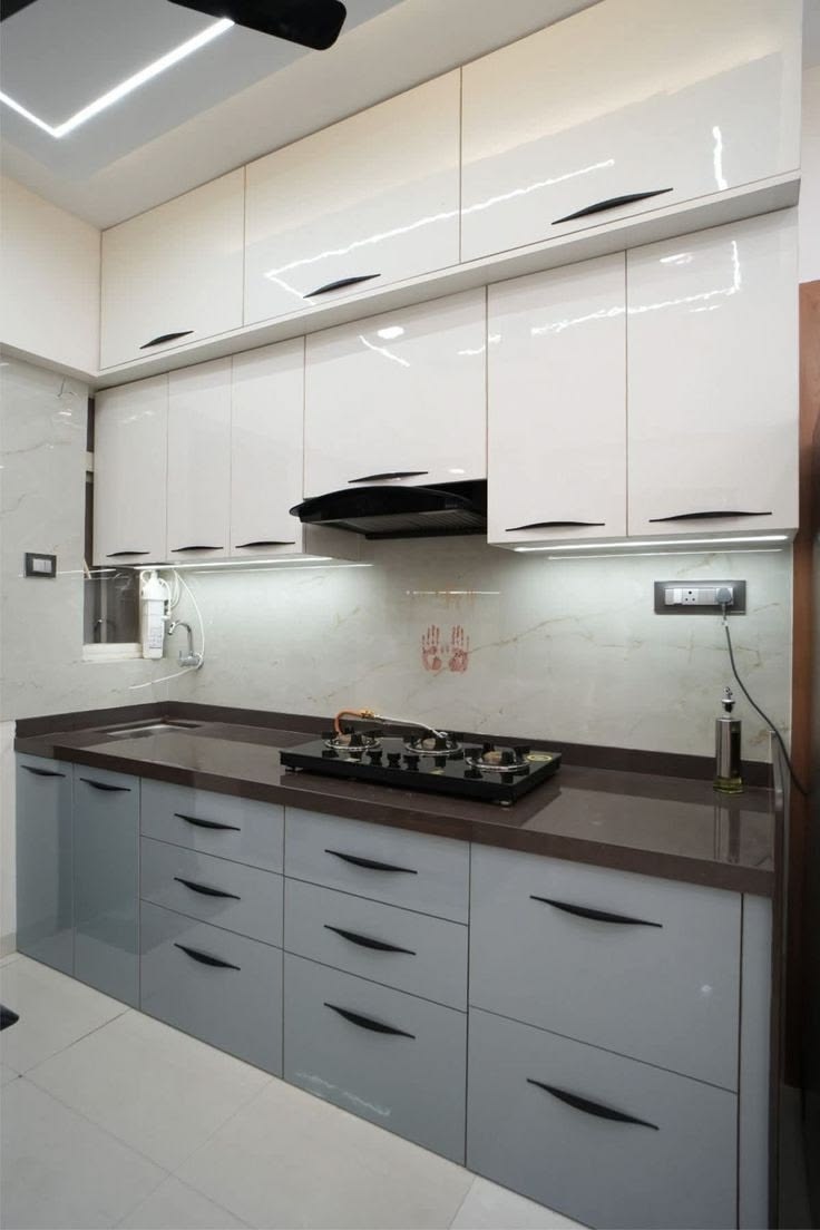 Dual-tone white and grey acrylic straight modular kitchen with quartz countertop