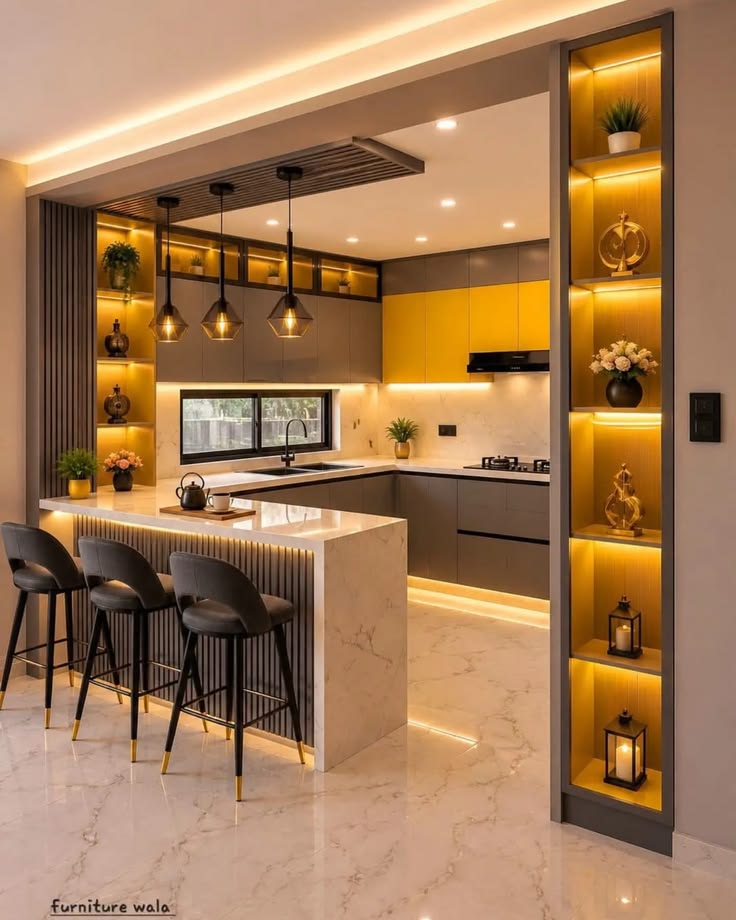 Modern kitchen with fluted wooden waterfall breakfast bar and ambient warm lighting