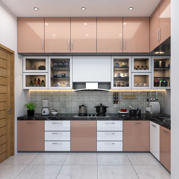 Modular kitchen with glass crockery display cabinets and two-tone finishes