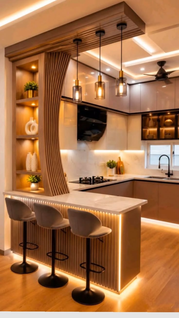 Luxury modular kitchen with curved wooden slat archway and breakfast counter