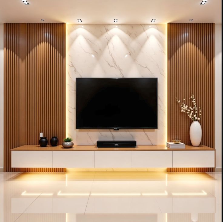 Floating TV entertainment unit with wall paneling