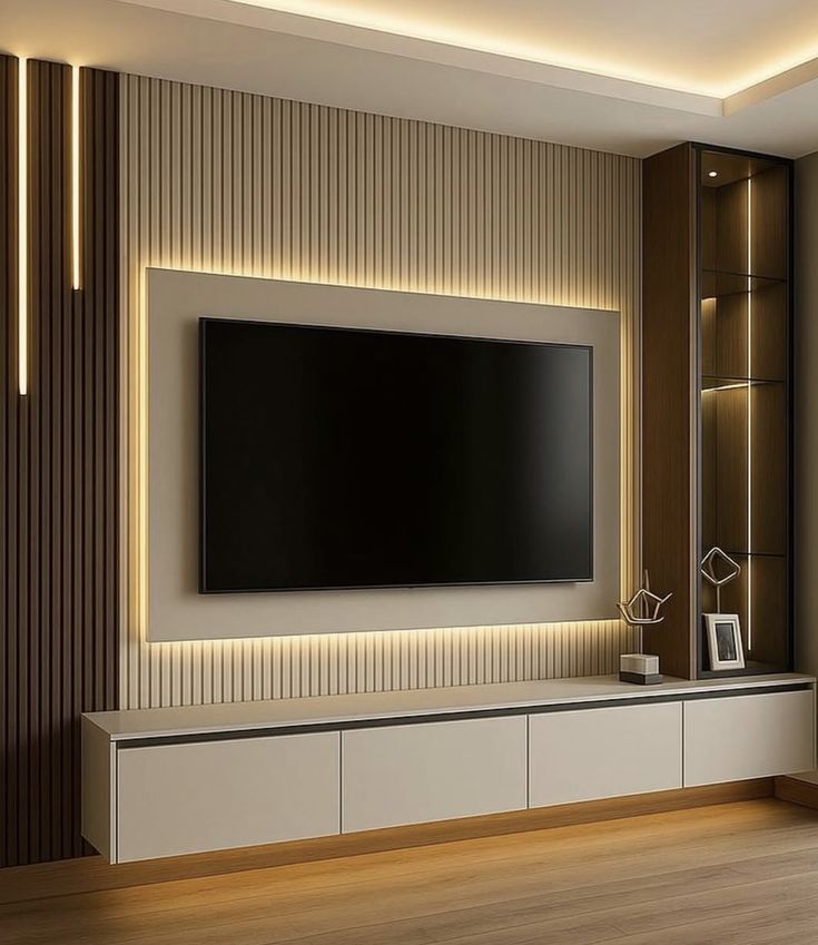 Floating TV entertainment unit with ambient LED backlight and fluted wooden paneling