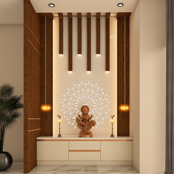 Traditional pooja mandir with wooden rafters hanging lamps and glowing mandala backdrop