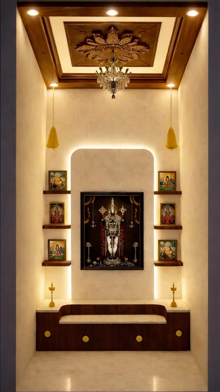 Customized wooden pooja mandir prayer unit by Lithisha Interiors