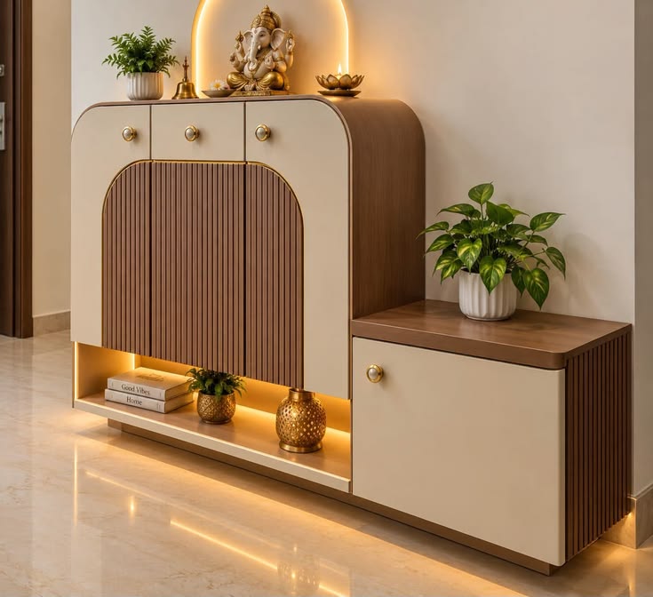 Modern wooden entrance shoe rack cabinet by Lithisha Interiors