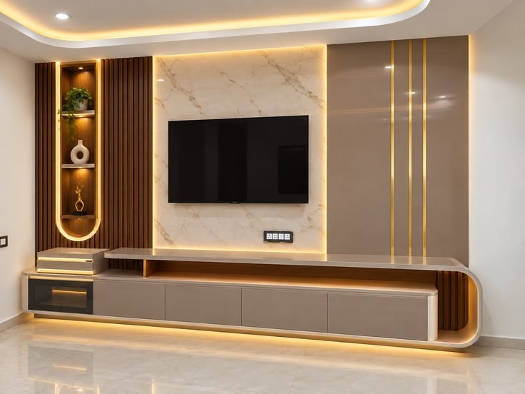 Modern TV unit with wood wall paneling by Lithisha Interiors